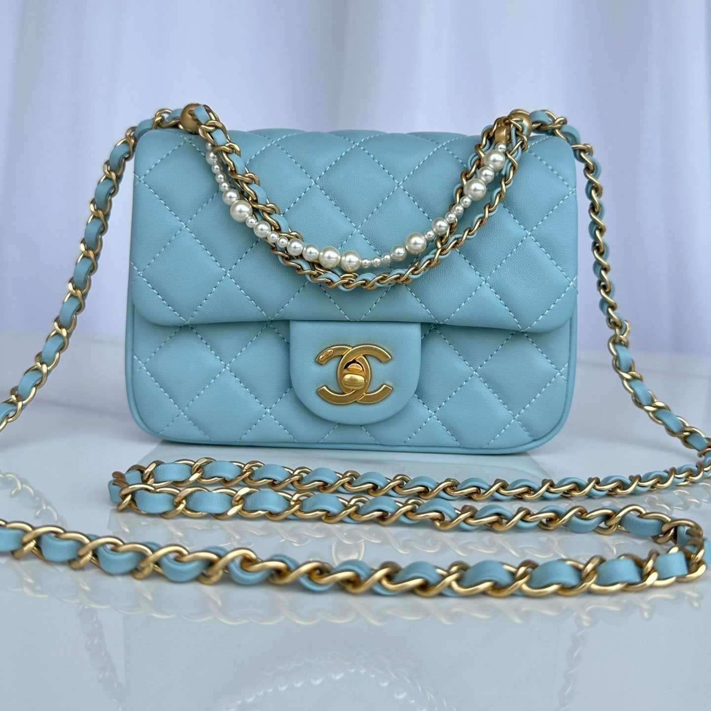 CC MINI 18 FLAP BAG IN LIGHT BLUE CALFSKIN