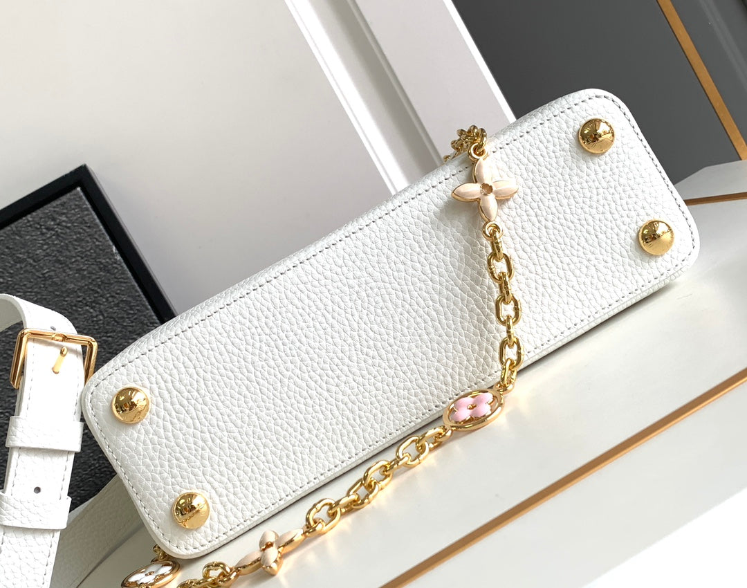 CAPUCINES BB 27 IN WHITE MIX PINK AND BEIGE TAURILLON GOLD HARDWARE