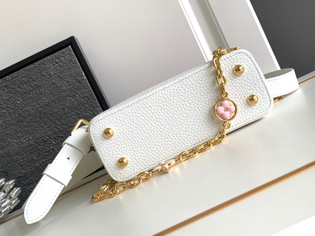 CAPUCINES MINI 21 IN WHITE MIX PINK AND BEIGE TAURILLON GOLD HARDWARE