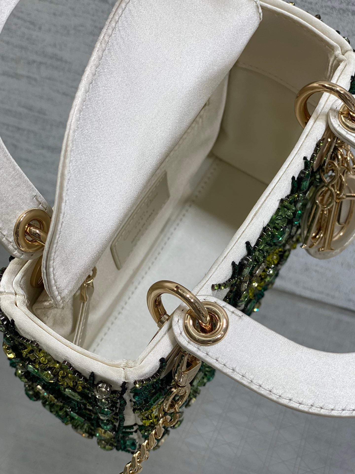 MINI 17 LADY BAG IN WHITE SATIN WITH GREEN EMBROIDERED BEADWORK