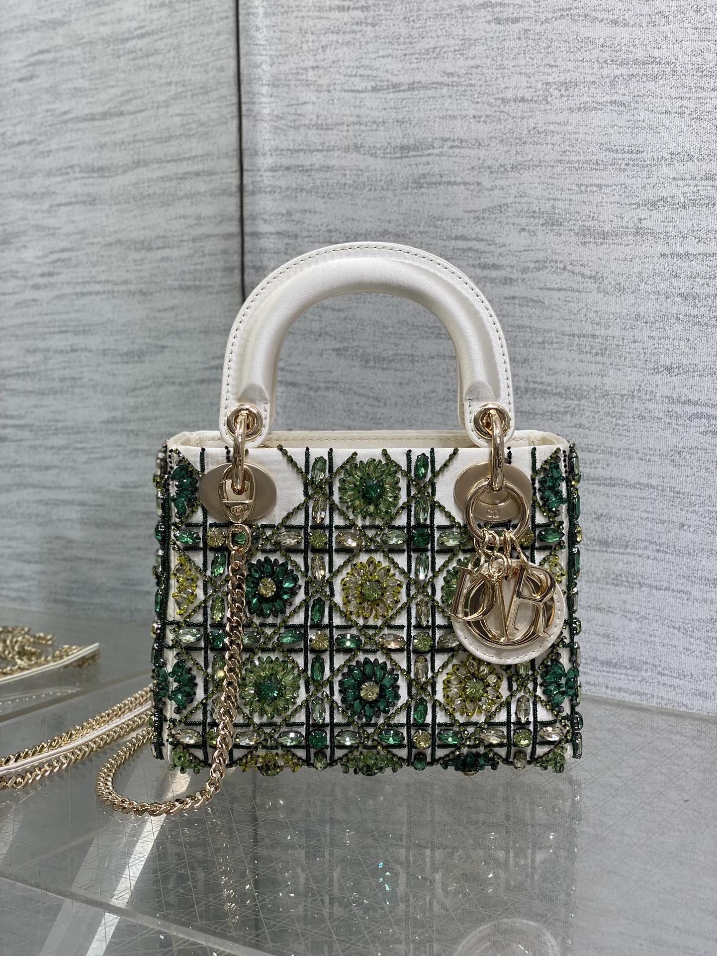 MINI 17 LADY BAG IN WHITE SATIN WITH GREEN EMBROIDERED BEADWORK