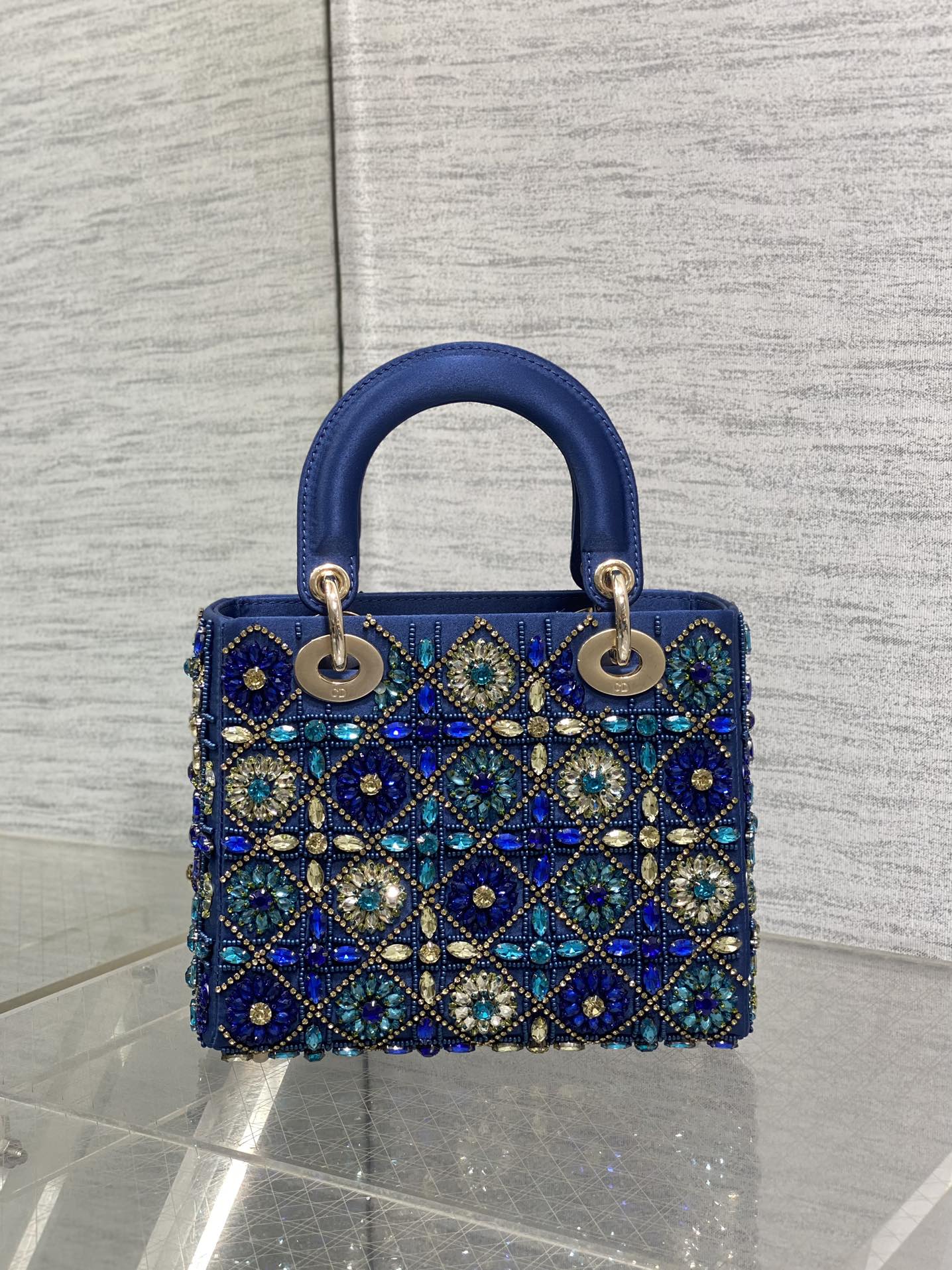 MINI 20 LADY BAG IN COBALT BLUE SATIN WITH COLORFUL EMBROIDERED BEADWORK