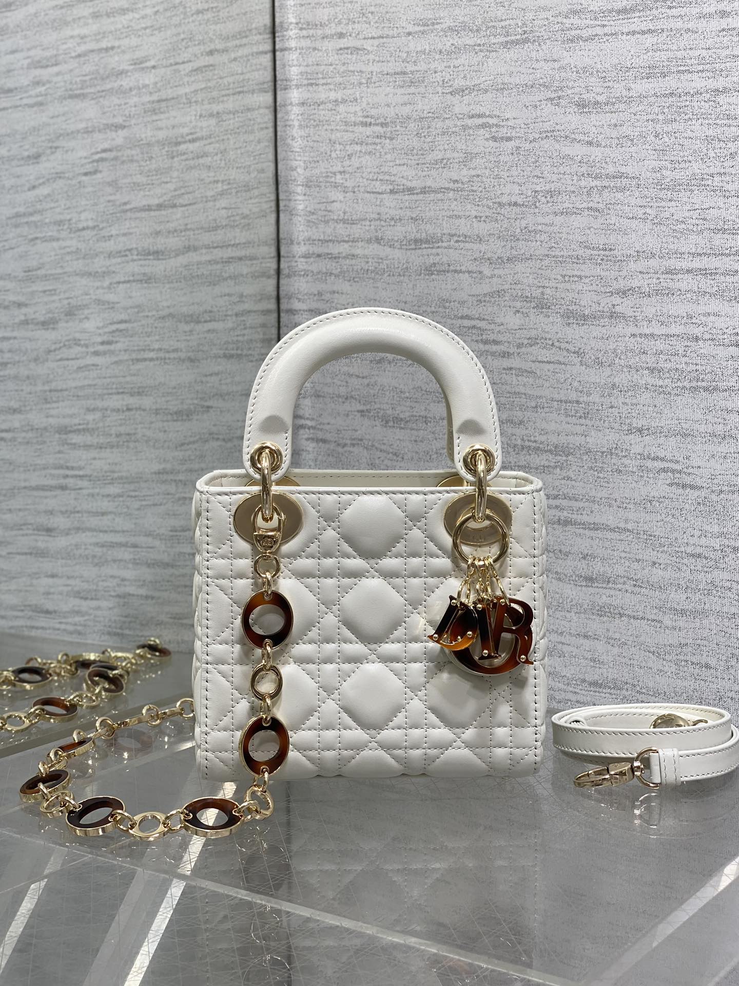 MINI 17 LADY BAG IN WHITE MACROCANNAGE LAMBSKIN WITH GOLD HARDWARE