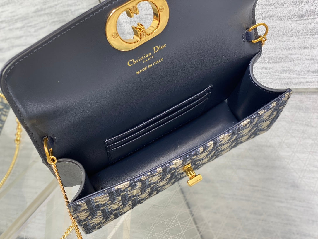 MONTAIGNE AVENUE MINI 19 BAG IN NAVY BLUE CALFSKIN AND MONOGRAM OBLIQUE JACQUARD