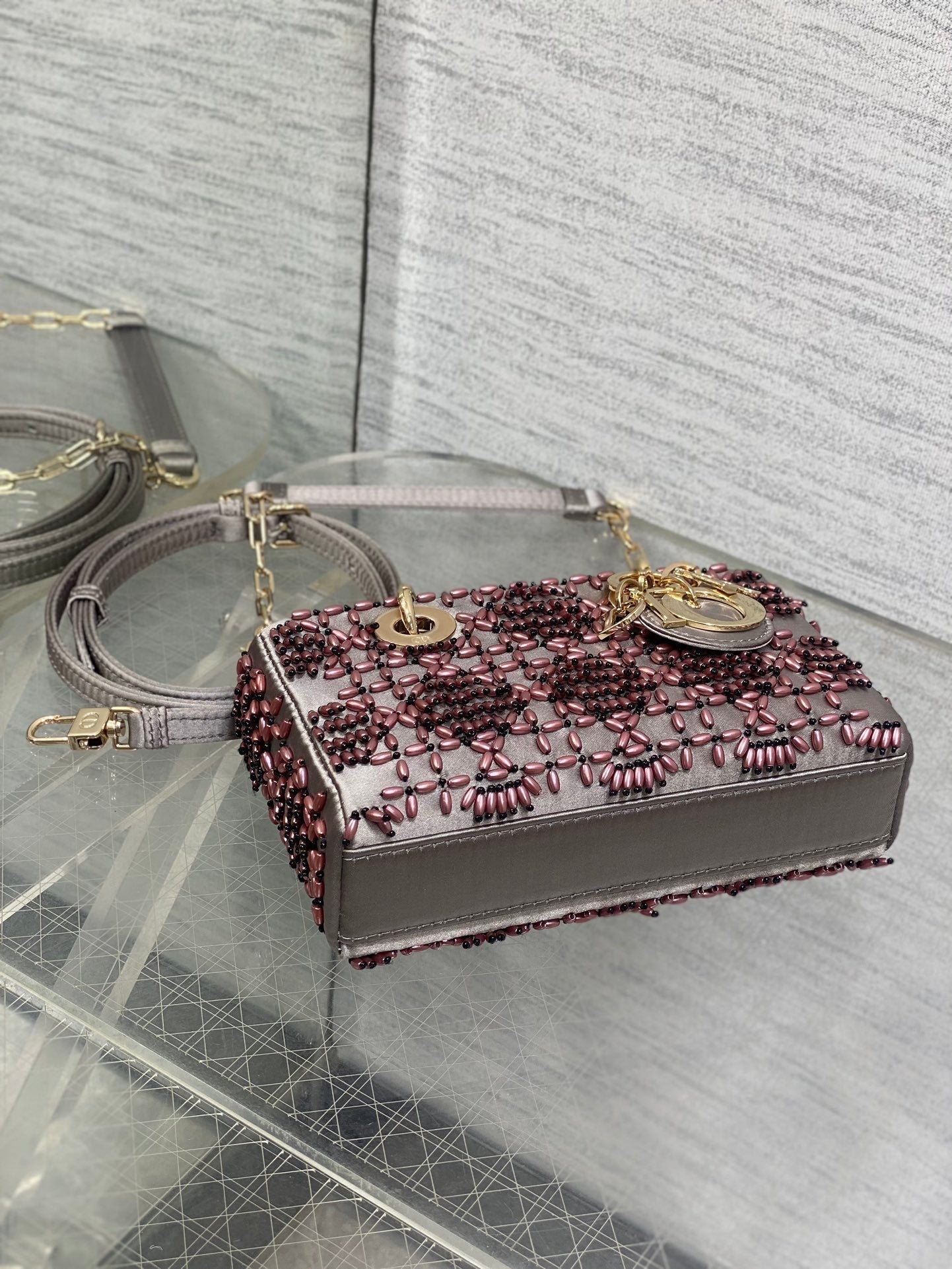 MINI LADY BAG 16 IN WENGE BROWN SATIN AND CALFSKIN WITH BEADED DESIGN