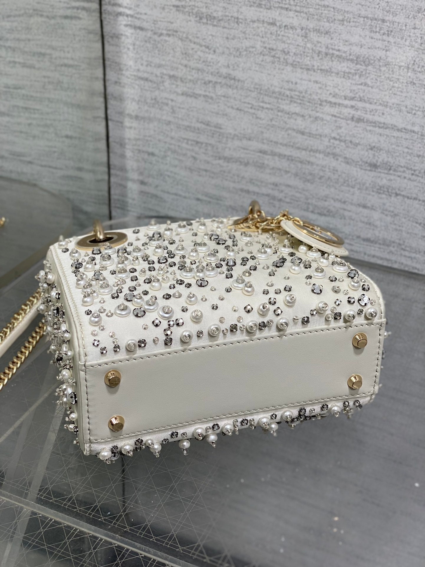 MINI 17 LADY BAG IN WHITE SATIN EMBROIDERED WITH BEADS 226310