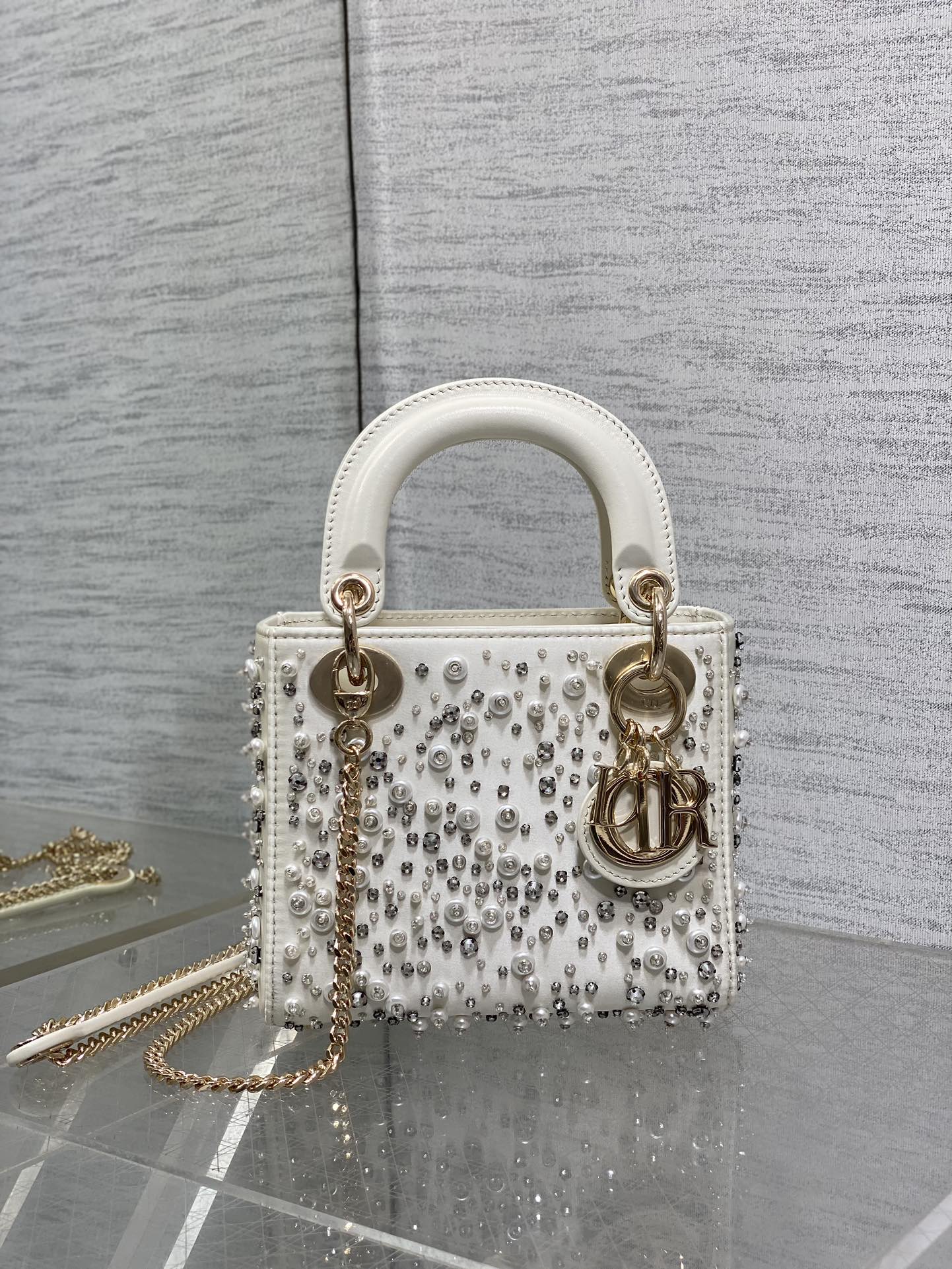 MINI 17 LADY BAG IN WHITE SATIN EMBROIDERED WITH BEADS 226310