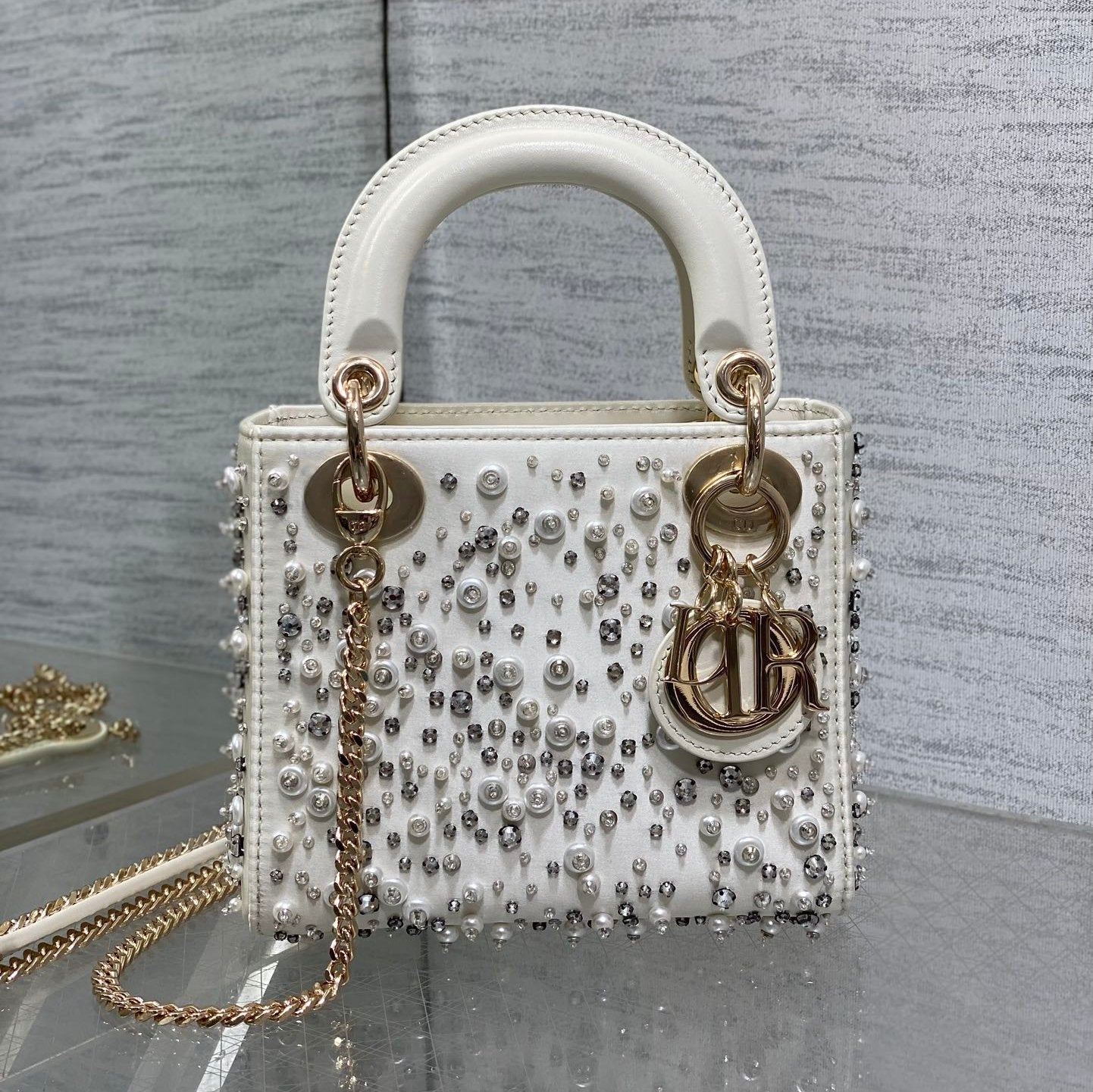 MINI 17 LADY BAG IN WHITE SATIN EMBROIDERED WITH BEADS 226310