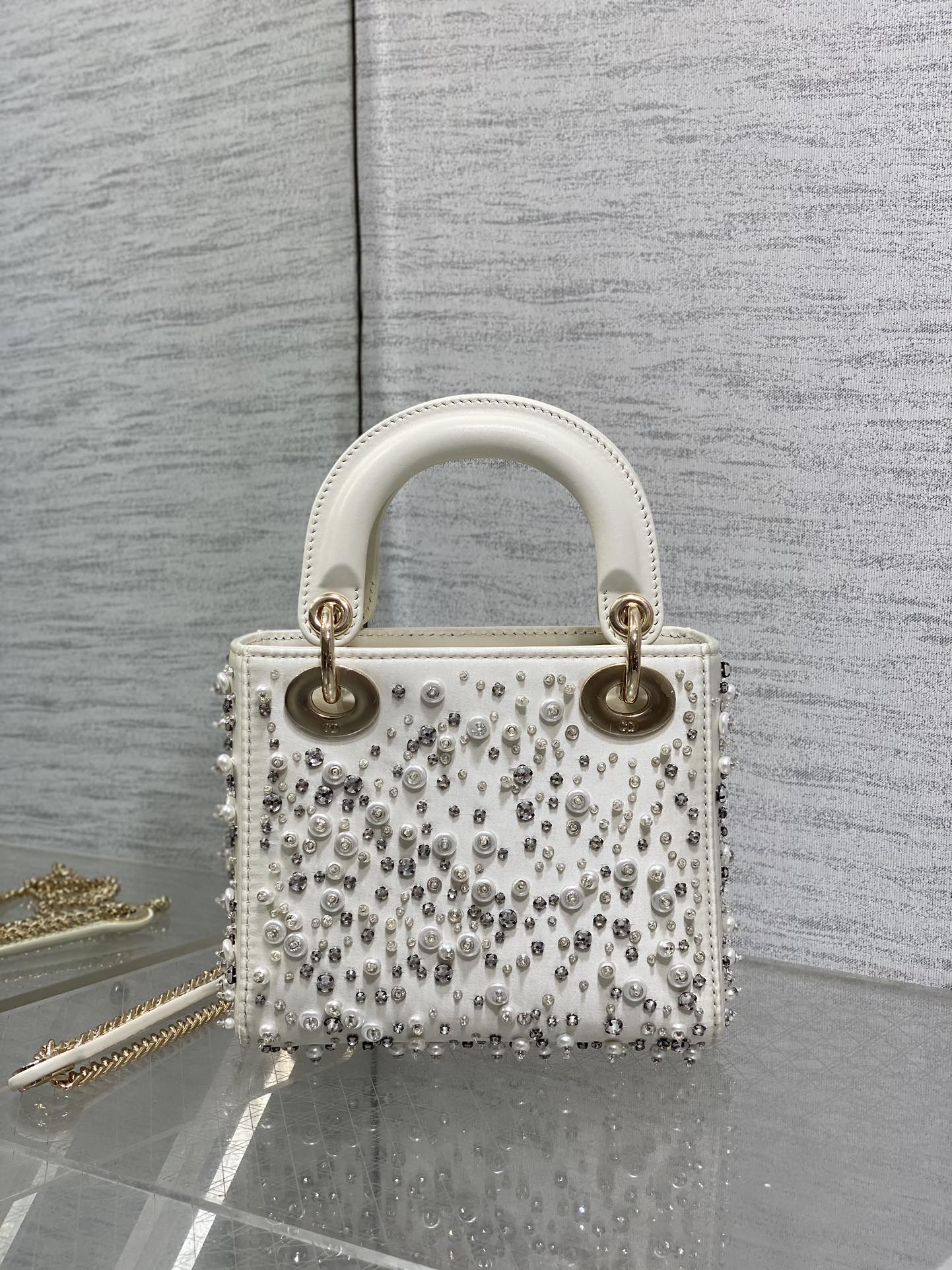 MINI 17 LADY BAG IN WHITE SATIN EMBROIDERED WITH BEADS 226310