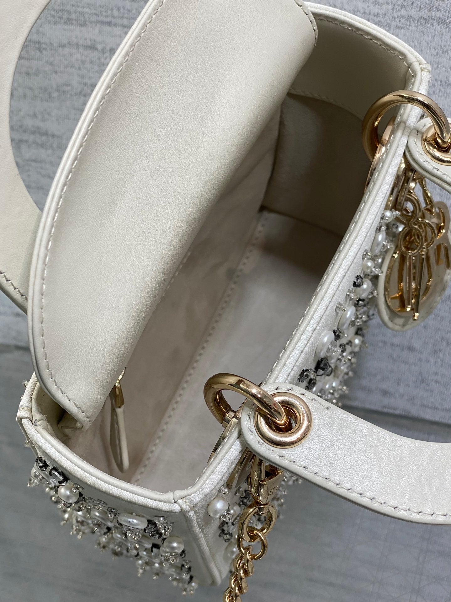 MINI 17 LADY BAG IN WHITE SATIN EMBROIDERED WITH BEADS 226310