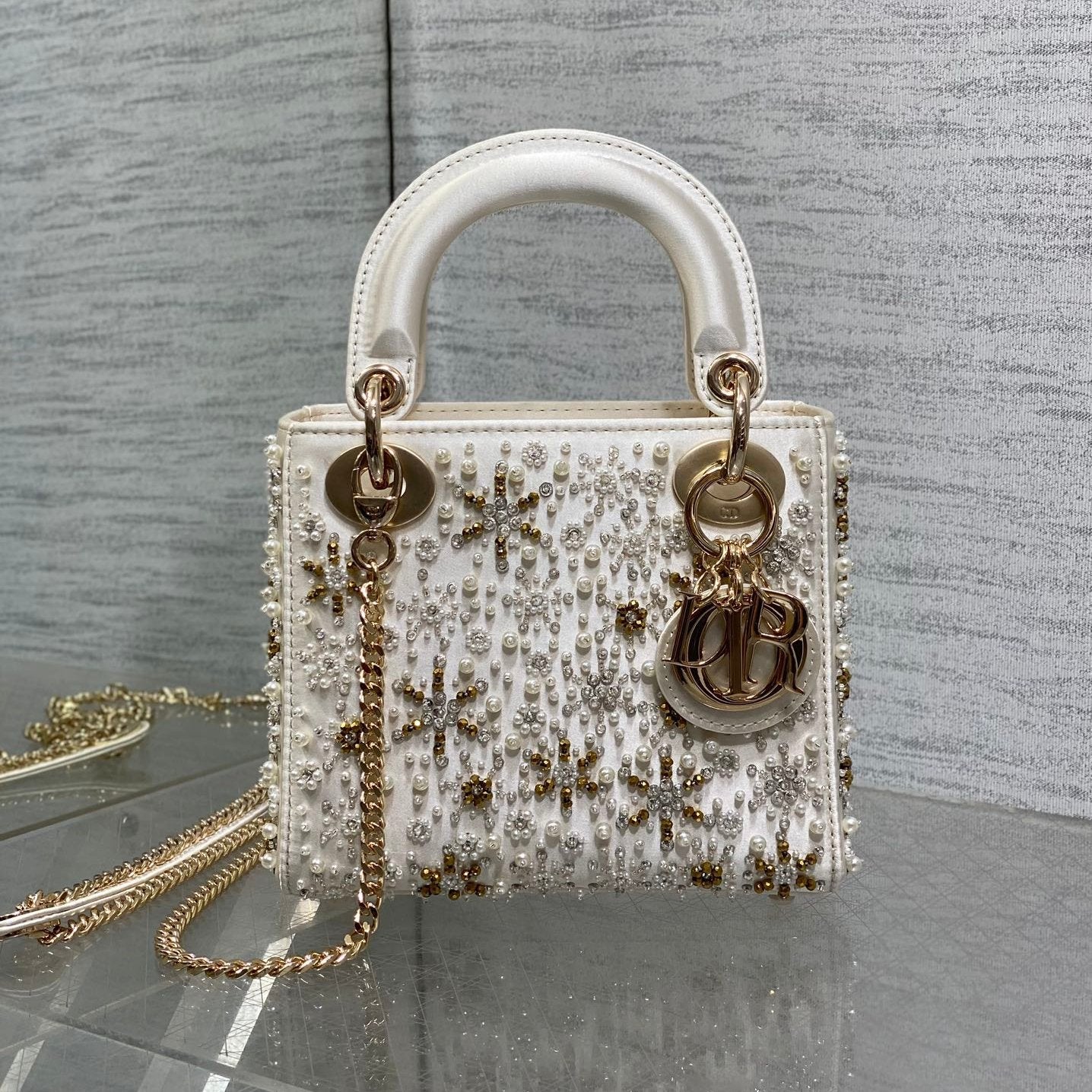 MINI 17 LADY BAG IN WHITE SATIN EMBROIDERED WITH BEADS