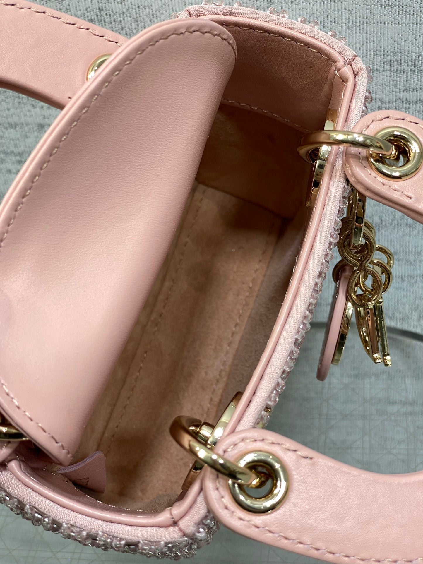 MICRO 12 LADY BAG IN BLUSH PINK SATIN WITH BEADING