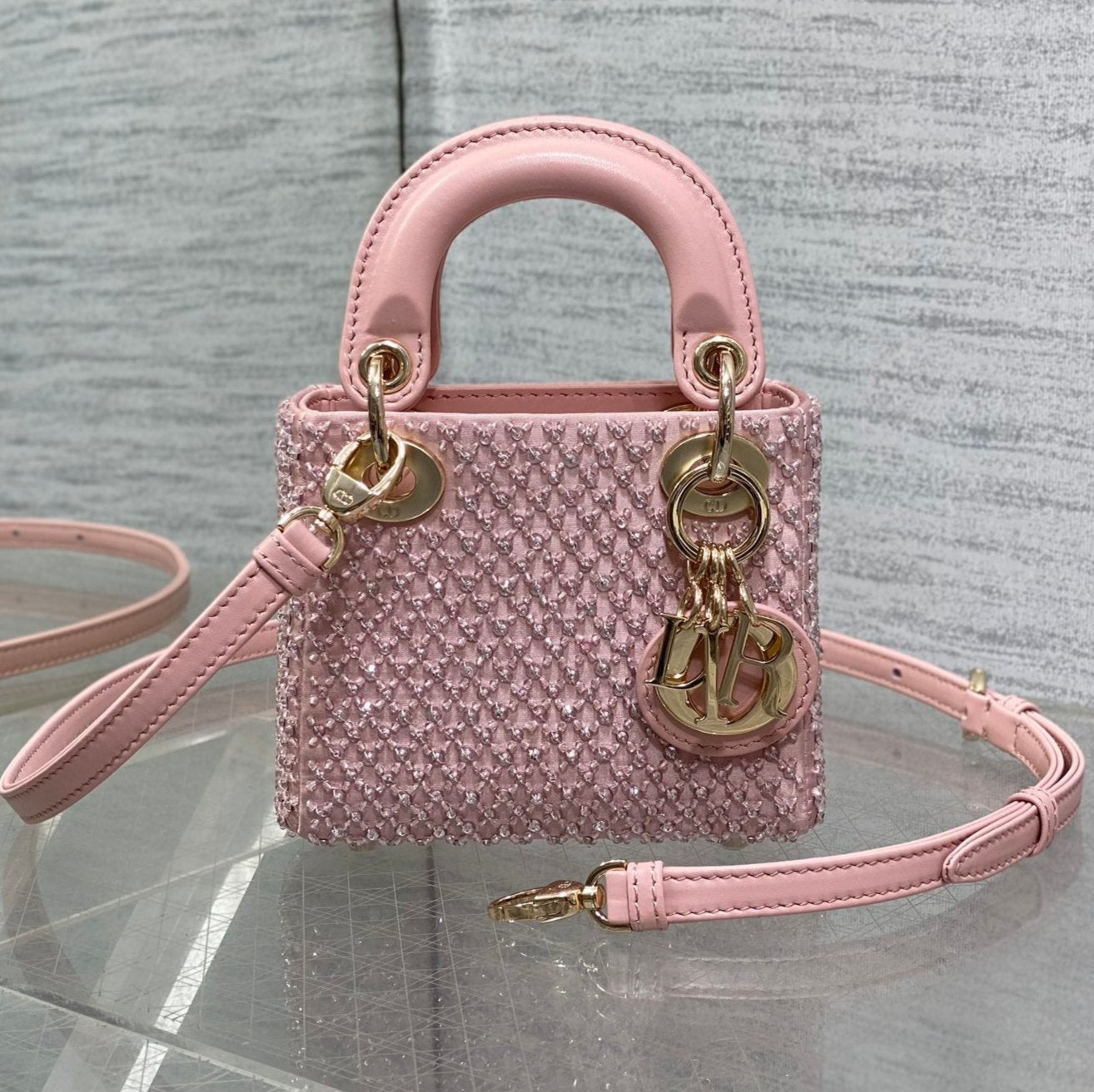 MICRO 12 LADY BAG IN BLUSH PINK SATIN WITH BEADING