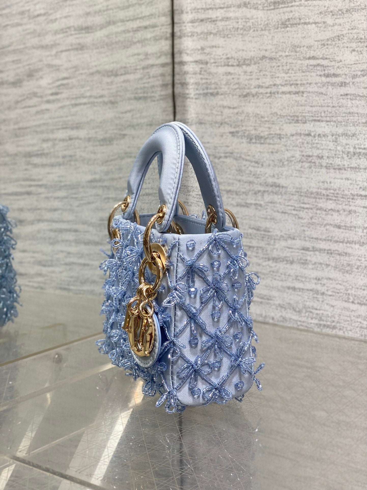 MICRO 12 LADY BAG IN CERULEAN BLUE SATIN WITH BEADING