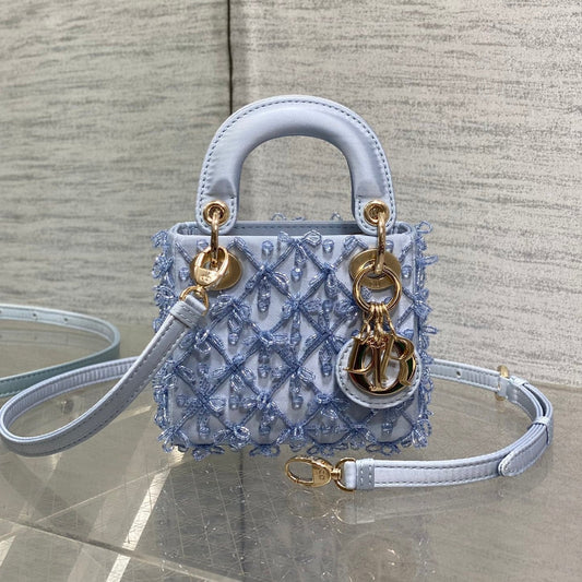 MICRO 12 LADY BAG IN CERULEAN BLUE SATIN WITH BEADING