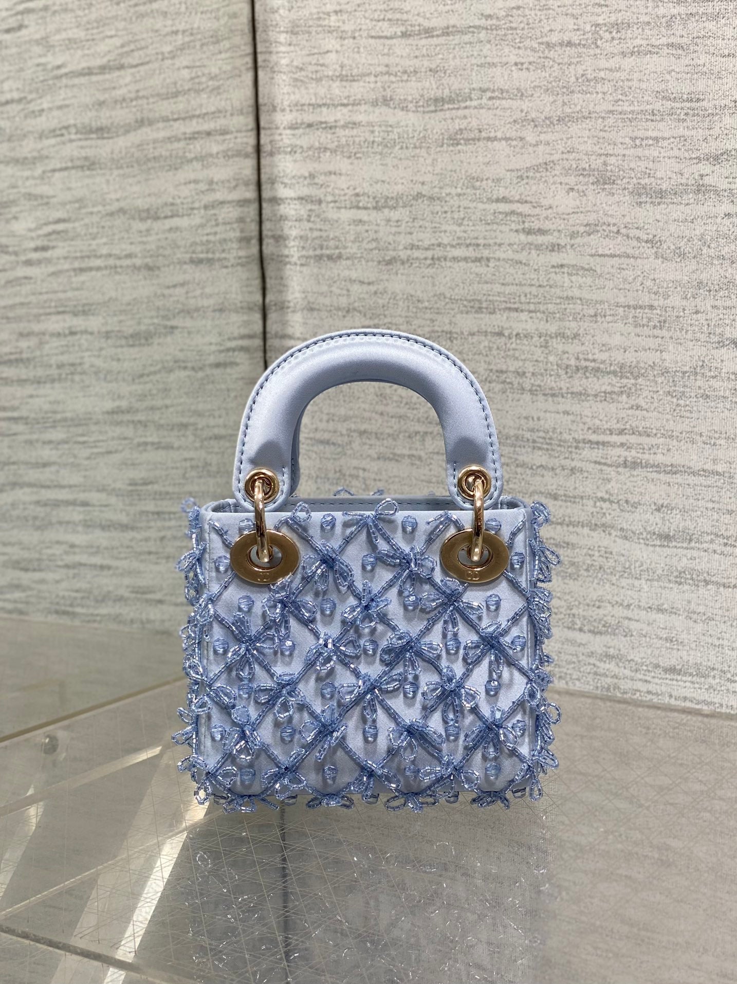 MICRO 12 LADY BAG IN CERULEAN BLUE SATIN WITH BEADING