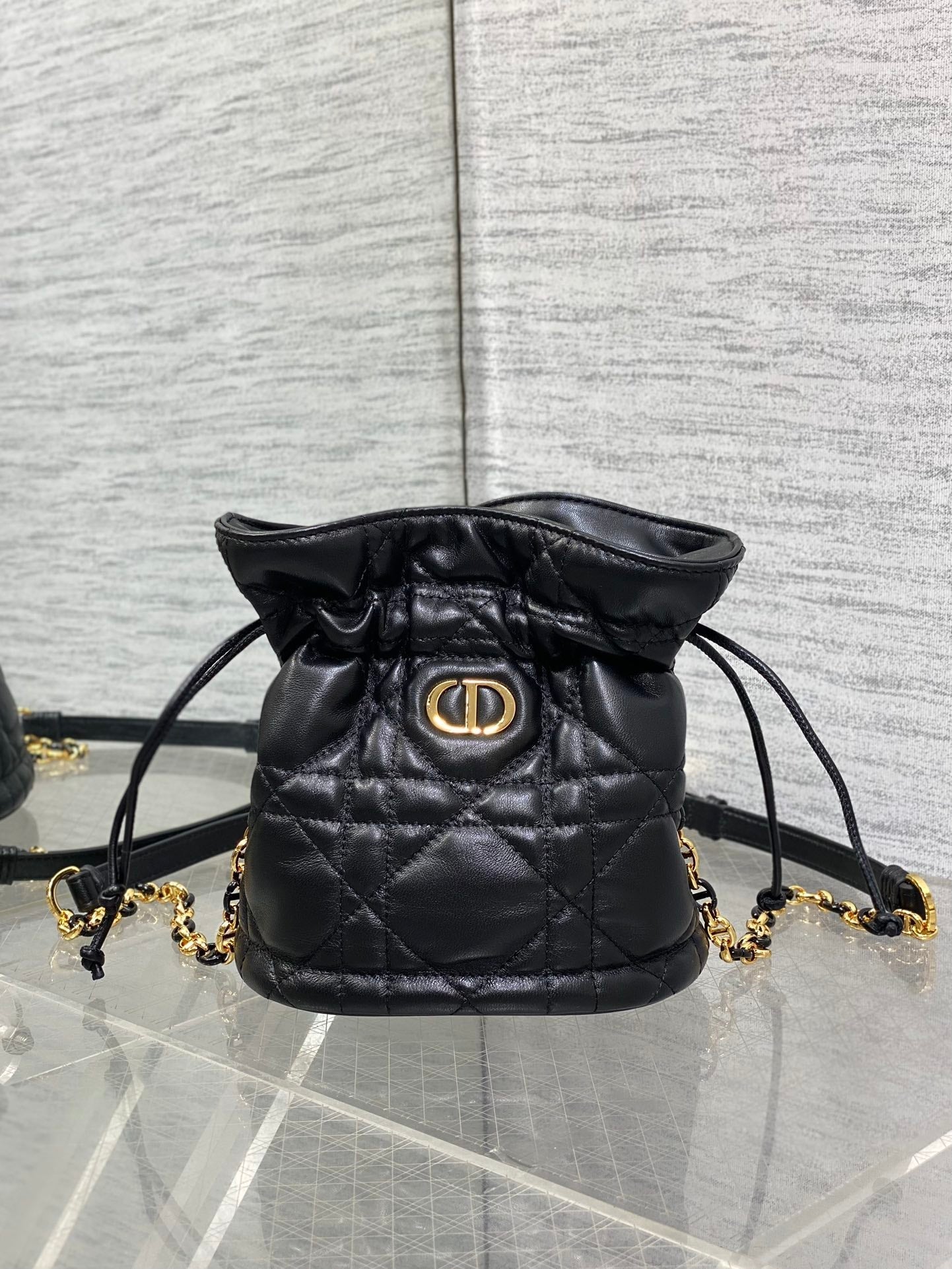 MONTAIGNE MINI 18 BUCKET BAG WITH DRAWSTRING IN BLACK LAMBSKIN