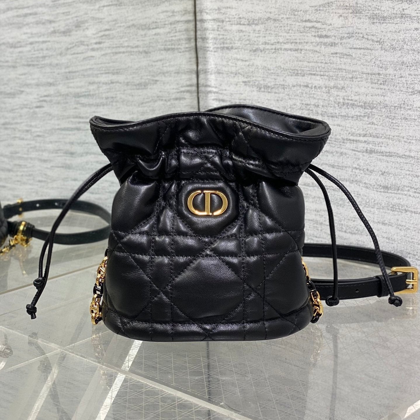 MONTAIGNE MINI 18 BUCKET BAG WITH DRAWSTRING IN BLACK LAMBSKIN