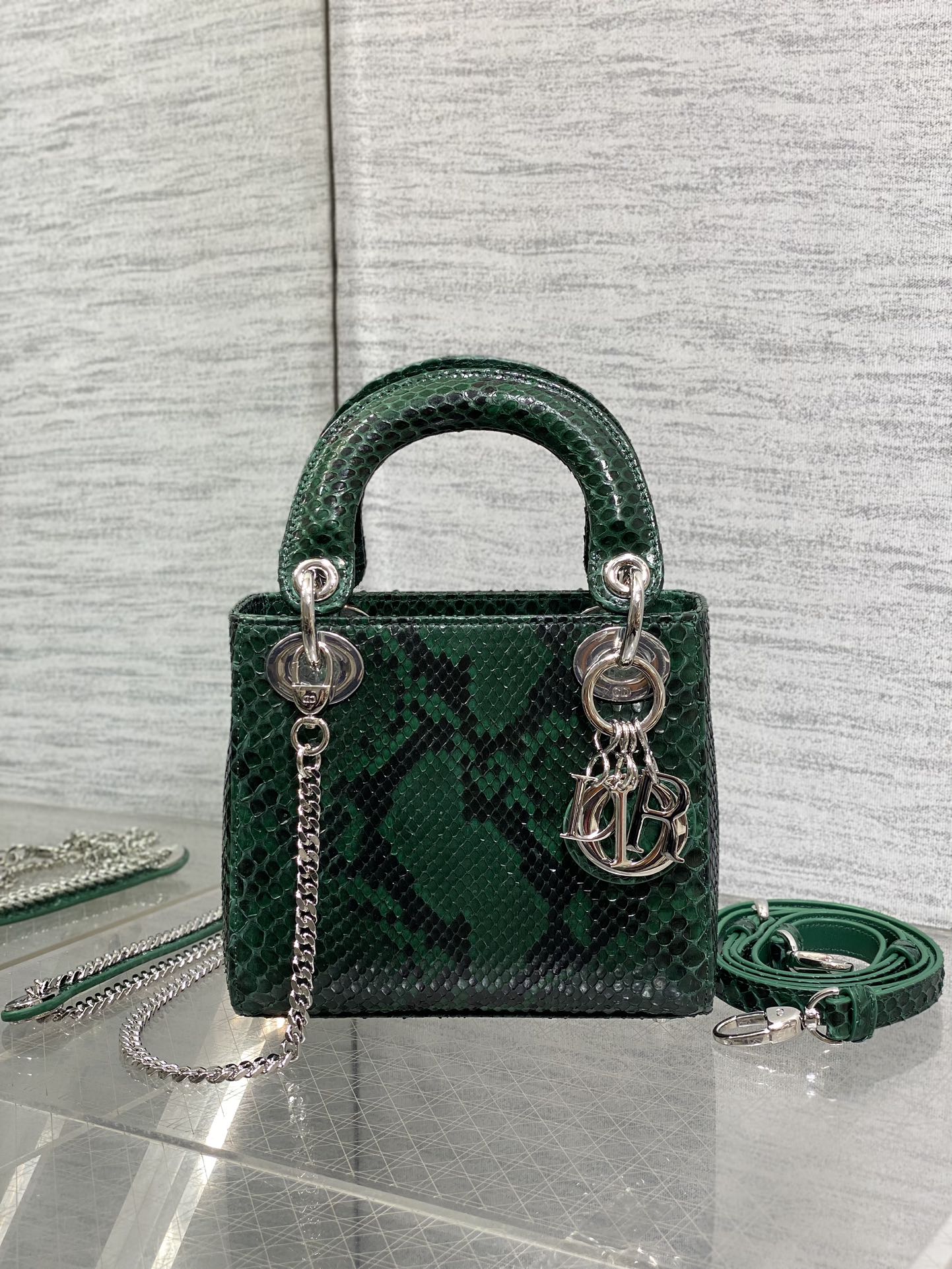 MINI 17 LADY BAG IN GREEN FOREST MIX BLACK SNAKESKIN PATTERN LAMBSKIN