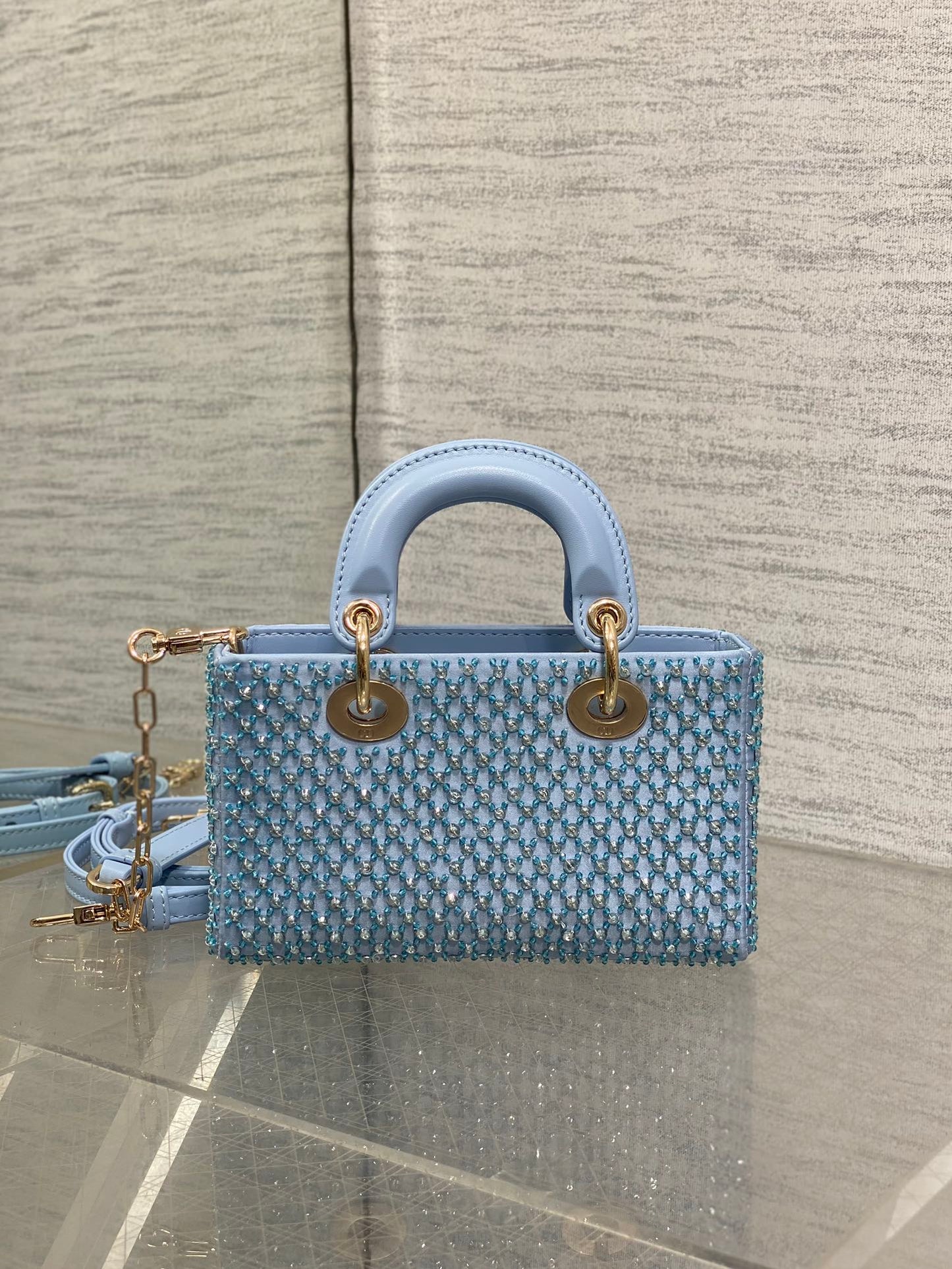 SMALL 16 LADY D-JOY BAG  IN POWDER BLUE CANNAGE LAMBSKIN WITH EMBROIDERED BEADWORK  BEADWORK