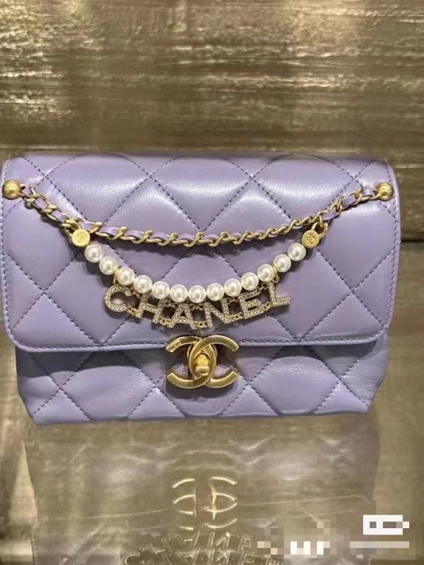 CC MINI 22 FLAP BAG IN LIGHT PURPLE CALFSKIN GOLD HARDWARE WITH PEARL CHAIN