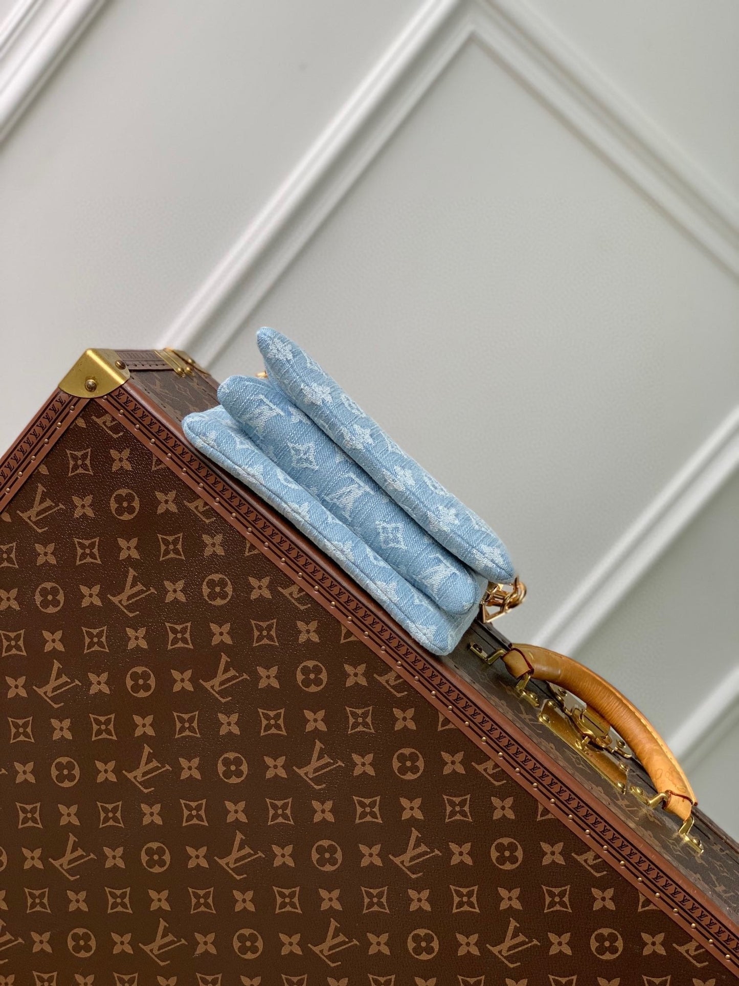 COUSSIN BB 21 IN LIGHT BLUE MONOGRAM DENIM GOLD CHAIN