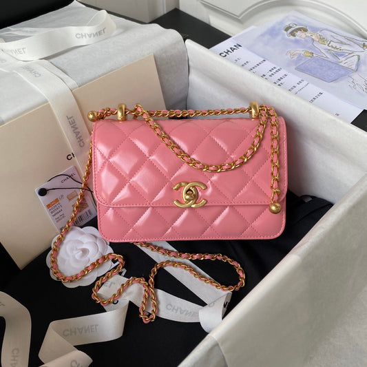 CC MINI 19 FLAP BAG IN BLUSH PINK CALFSKIN GOLD HARDWARE