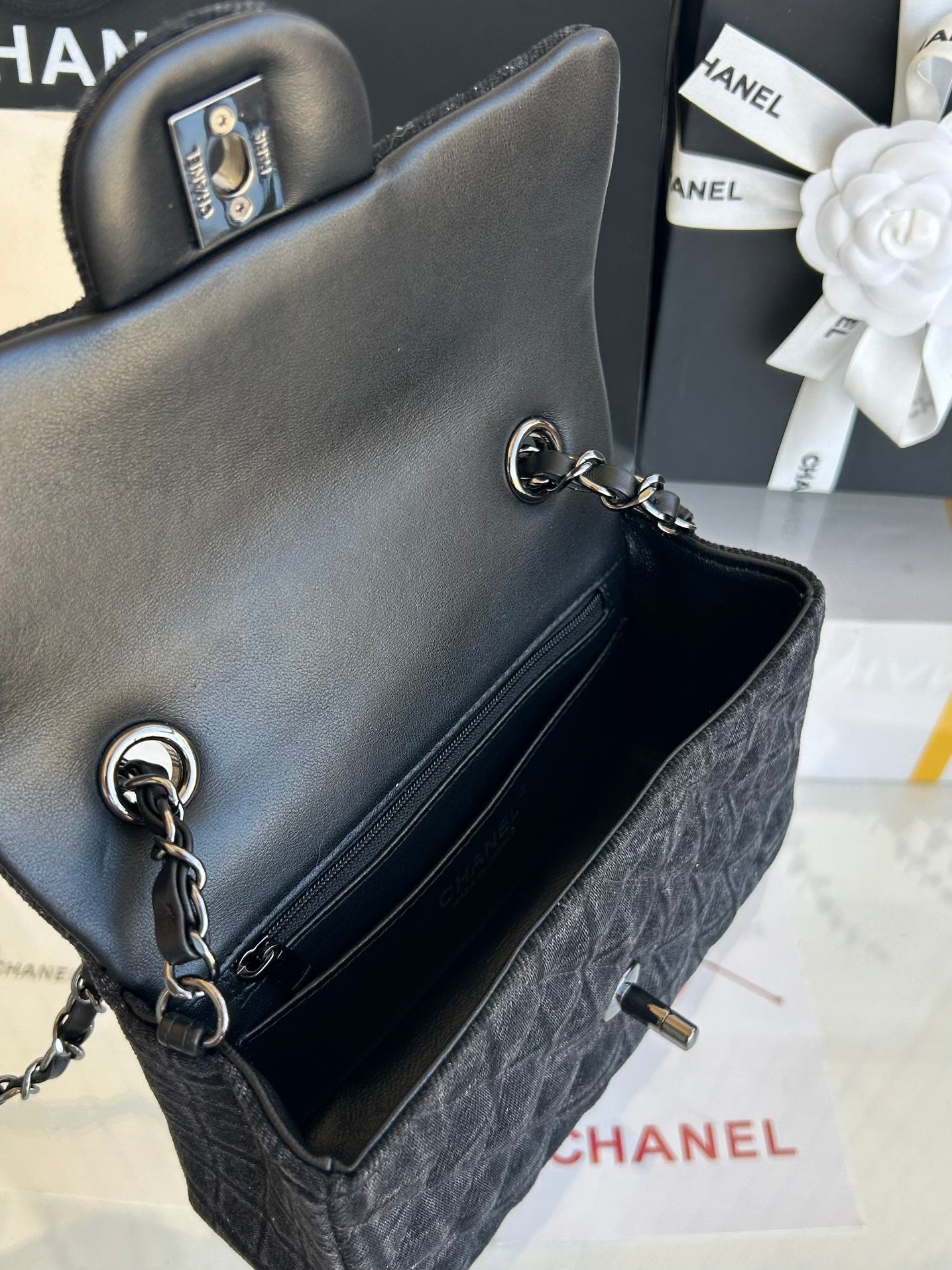 SMALL FLAP BAG 20 IN BLACK DENIM AND CALFSKIN LINING SILVER HARDWARE