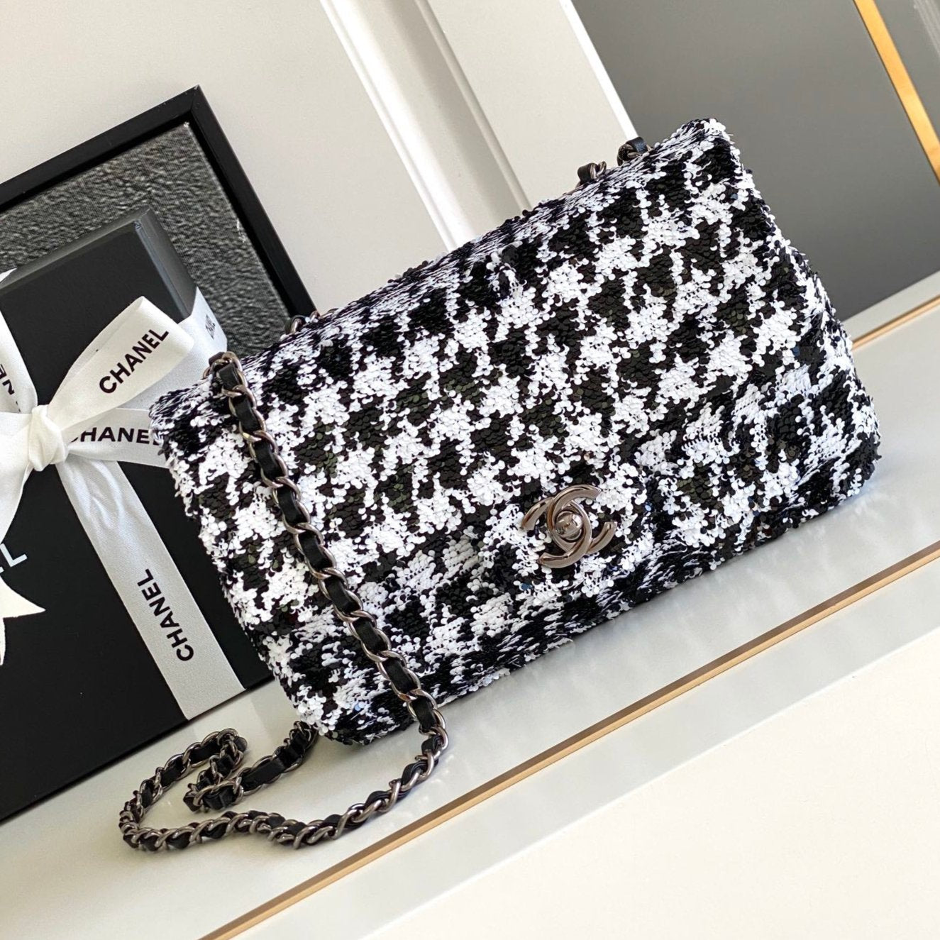 CC 21 EVENING BAG IN BLACK MIX WHITE WOOL TWEED