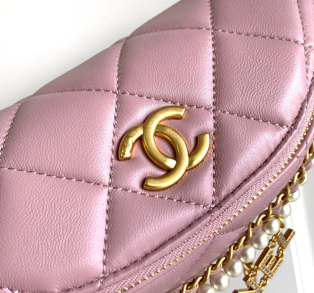 CC WAIST 24 BAG IN LIGHT PINK CALFSKIN WITH PEARL CHAIN AND GOLD HARDWARE