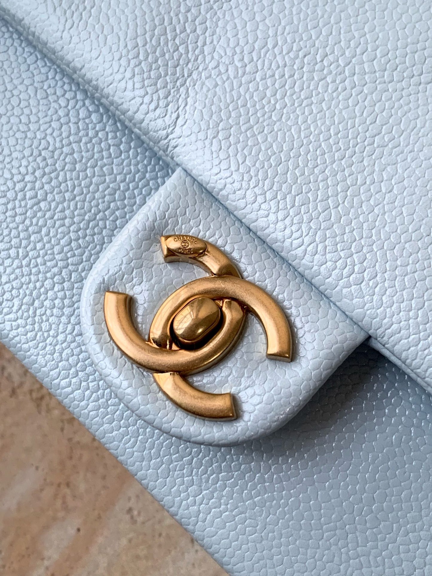 CLASSIC FLAP BAG 22 IN SKY BLUE CALFSKIN GOLD HARDWARE