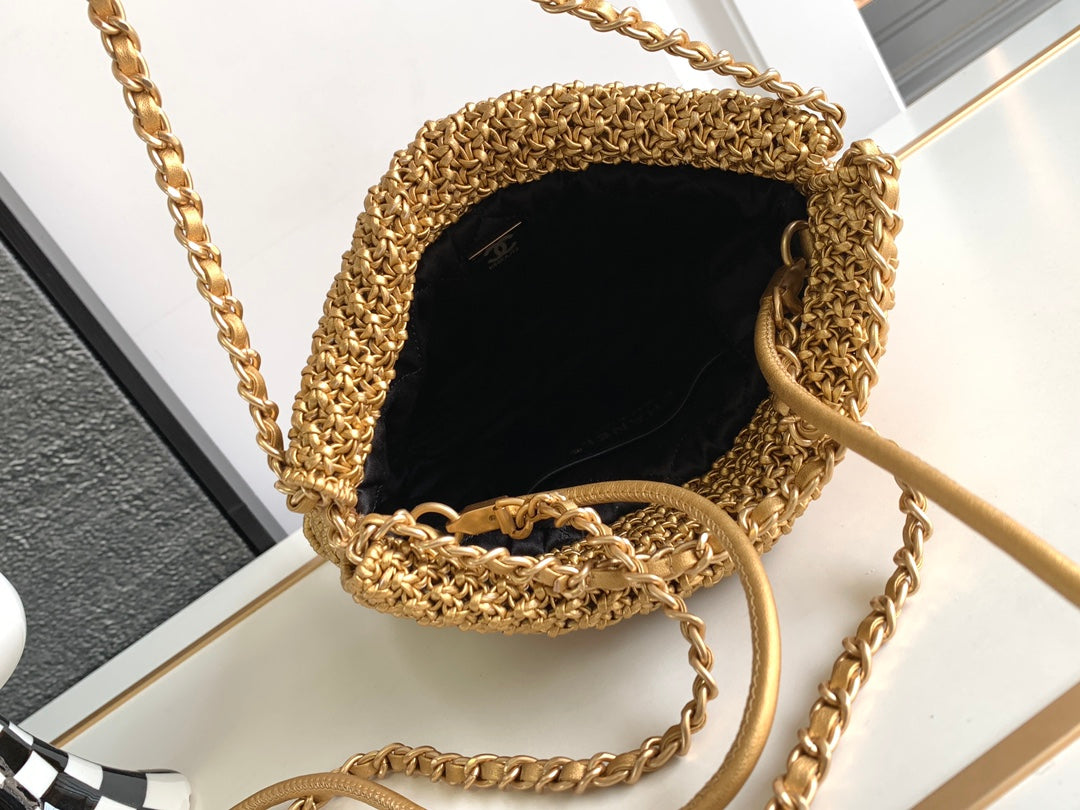 CC Mini 22 Bag 23cm Gold Woven Cowhide Bag