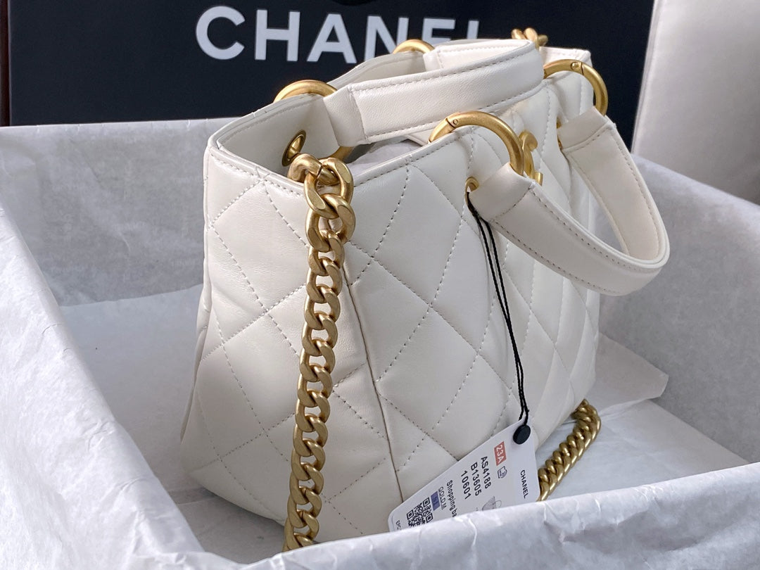 CC 2Way Chain Shoulder Tote Bag White Leather